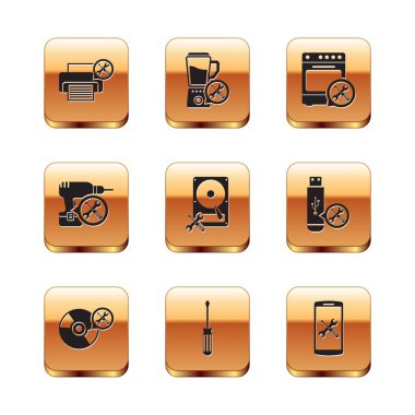 Yazıcı servisini, CD veya DVD diskini, Tornavida, Sert, Matkap, Fırın, Akıllı Telefon ve Blender simgesini ayarla. Vektör