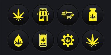 Marihuana ya da kenevir yaprağı yağı, marihuana şişesi, internetten satın alma, test tüpü, alışveriş arabası, dükkan ve ikon. Vektör