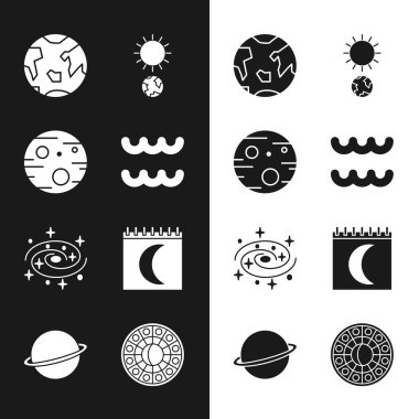 Kova burcu, Mars gezegeni, Dünya, Gündönümü, Samanyolu sarmal galaksisi, Ay evreleri takvimi, Astroloji burç çemberi ve Satürn ikonu. Vektör