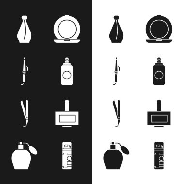 Sprey sprey kutusu, saç maşası, parfüm aynalı makyaj tozu, tırnak cilası şişesi, tıraş köpüğü ve ikon. Vektör