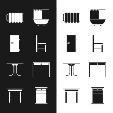 Koltuk, kapalı kapı, ısıtıcı, duş perdeli küvet, yuvarlak masa, tahta yatak ve ikon. Vektör