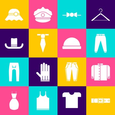 Deri kemer, tişört, spor pantolon, papyon, kravat, erkek şapkası, zarif kadınlar ve Beanie ikonu. Vektör