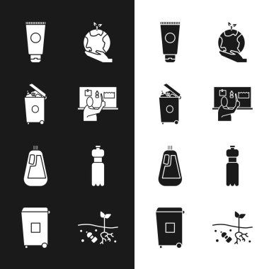 Set Plastik Kirliliğini Durdur, Çöp Kutusu, Krem Kozmetik Tüpü, Dünya 'nın elini tut, Bulaşık deterjanı, Su, Problemli Gezegen ve ikon için bir şişe. Vektör