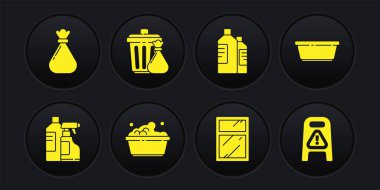 Temizlik malzemeleri, plastik leğen, sabun köpükleri, temizlik servisi pencereleri, çöp kutusu ve çöp torbası, ıslak zemin gelişimi ve çöp ikonu. Vektör