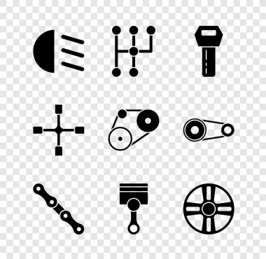 Yüksek kiriş, vites kolu, uzaktan kumandalı araba anahtarı, zincir, motor pistonu, alloy tekerleği, İngiliz anahtarı ve zamanlama kemeri ikonu. Vektör