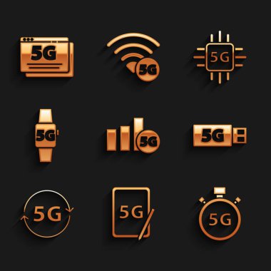 5G ağını, grafiksel tableti, dijital hız göstergesini, modemi, akıllı saati, işlemciyi ve simgeyi ayarla. Vektör