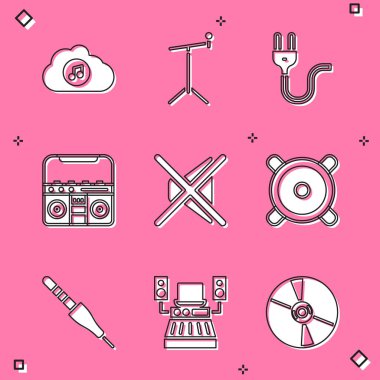 Set Music Streaming Service, Mikrofon stand, Electric plug, Home stereo hoparlörler, Hoparlör, Stereo, Audio jack ve kayıt stüdyosu ikonu. Vektör