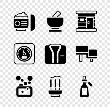 Krem ya da losyon kozmetik tüpü, havan topu ve tokmak, sauna ahşap hamam, sabun, tütsü çubukları, temel yağ şişesi, termometre ve bornoz ikonu. Vektör