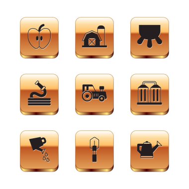 Apple, Sulama kutusu, Kürek, Traktör, Bahçe hortumu, Udder ve Çiftlik Evi ikonu. Vektör