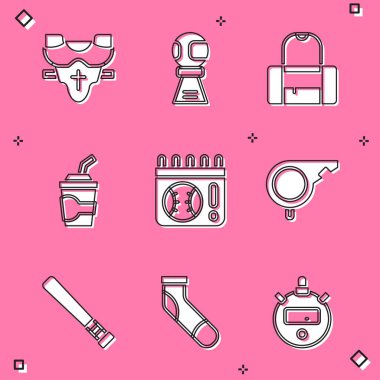 Göğüs koruyucusu, beysbol toplu ödül kupası, spor çantası, cam su, takvim oyunu, ıslık, beysbol sopası ve çorap ikonu. Vektör