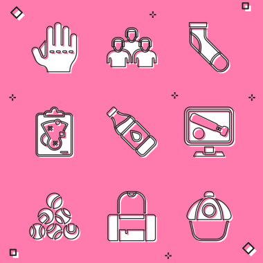 Beyzbol eldiveni, beyzbol oyuncuları takımı, çorap, planlama stratejisi, şişe suyu, maç izleyici ve spor çantası ikonu. Vektör