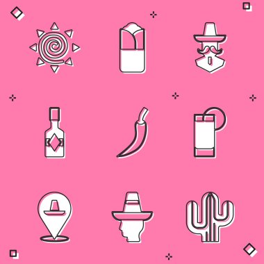 Set Sun, Burrito, Meksikalı adam sombrero, acı biber sosu, limonlu tekila bardağı ve ikon. Vektör