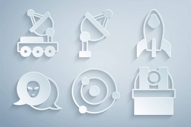 Güneş Sistemi, Roket Gemisi, Uzaylı, Astronomik Gözlemevi, Uydu Çanağı ve Mars Gezgin ikonu. Vektör