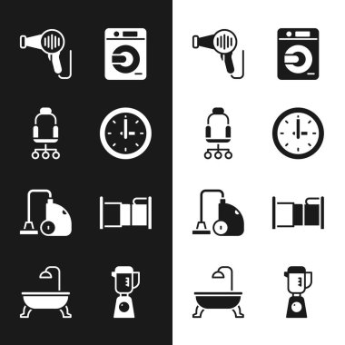 Saat, ofis sandalyesi, saç kurutma makinesi, çamaşır makinesi, elektrikli süpürge, yatak, blender ve küvet ikonu. Vektör