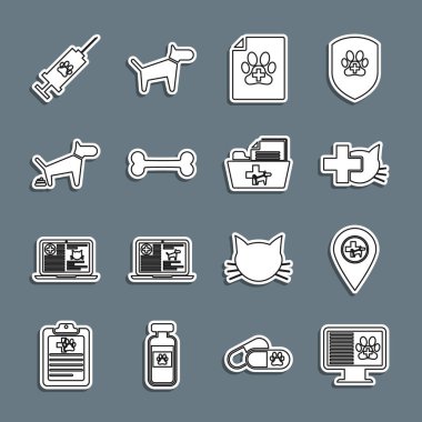 Hat klinik kayıt hayvanını monitöre, konum veterinerine veterinere, veteriner kliniğine, köpek kemiği, kaka, aşı ve klasör ikonuna bağlı şırınga sertifikasına ayarla. Vektör