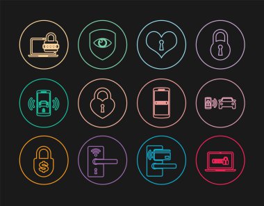 Dizüstü bilgisayarın şifresini, akıllı araba alarm sistemini, kalp anahtar deliğini, kalp şeklindeki Castle 'ı, mobil ve kalkanlı göz simgesini ayarla. Vektör