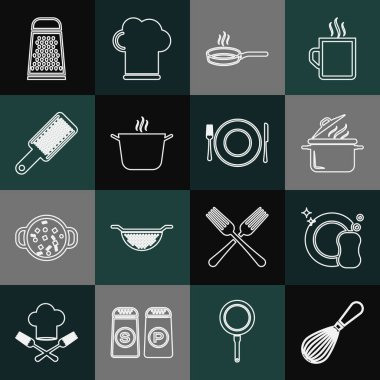 Hattı, mutfak çırpıcısını, bulaşık makinesini, tencereyi, kızartma tavasını, öğütücüyü ve tabak, çatal ve bıçak ikonunu ayarlayın. Vektör
