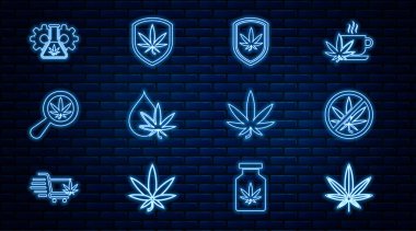 Marihuana ya da kenevir yaprağını, marihuanayı, kalkanı, yağı, büyüteci, test tüpünü ve ikonu durdurun. Vektör
