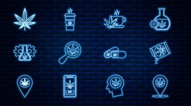 Sabit hat konumu ve marihuana, marihuana veya kenevir tohumu, çay, büyüteç, test tüpü, yaprak, tıbbi haplar ve kahve ikonu. Vektör