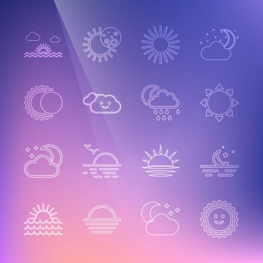 Güneş, Ay ve yıldızlar, Bulut, Güneş tutulması, Günbatımı ve yağmur ay ikonu. Vektör