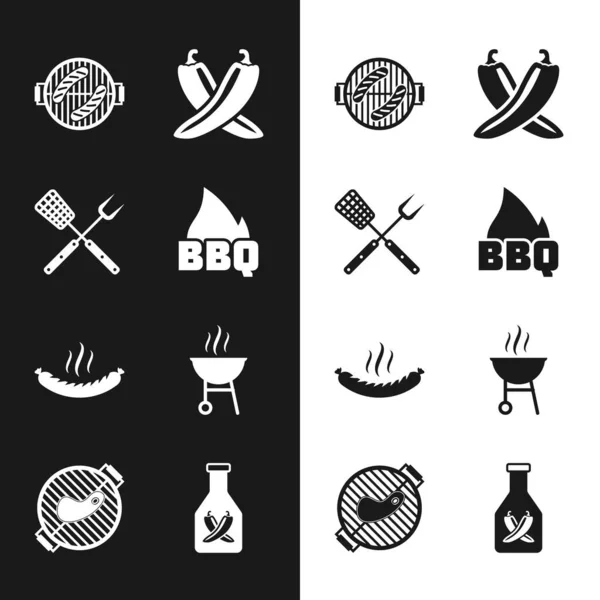 Ensemble Flamme Feu Barbecue Fourchette Croisée Spatule Grill Avec Saucisse — Image vectorielle