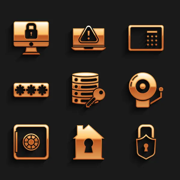设置服务器安全性与密钥 房子在保护之下 密码和计算机监视图标 — 图库矢量图片