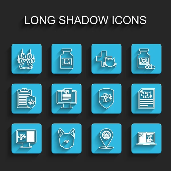 在监视器 定位兽医 狗笔记本电脑 医药证书和动物健康保险图标上设置系列临床记录宠物 — 图库矢量图片