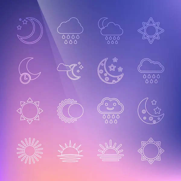 设置直线太阳 月亮和星星 云与雨 和图标 — 图库矢量图片