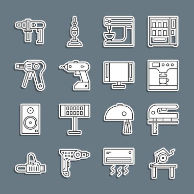 Tahta testeresi, elektrikli yapboz, kahve makinesi ve bardak karıştırıcı, kablosuz tornavida, sıcak tutkal tabancası, matkap ve akıllı televizyon ikonu. Vektör