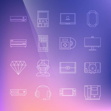 Satır Cartridge, Video oyun konsolu, Bilgisayar monitörü, Laptop, hesap ekranı ve CD DVD diskini kutu simgesinde ayarla. Vektör