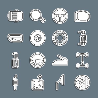 Caliper, Chassis araba, şok emici, direksiyon, kapı kolu, elektrik motoru ve lastik ikonu ile hat frenleme diskini ayarla. Vektör