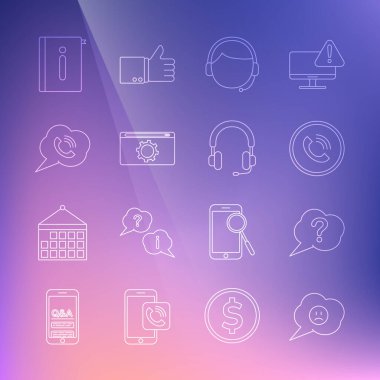 Konuşma baloncuğunu hüzünlü bir gülümsemeyle ayarla, Soru, Telefon görüşmesi, Erkek kulaklığı, Ayarlama, Telefon, Kullanıcı Kılavuzu ve Kulaklık simgesi. Vektör