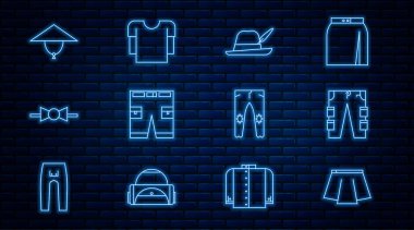 Çizgi, etek, kargo pantolonu, Oktoberfest şapkası, kısa kravat, Asya konisi, pantolon ve uzun kollu gömlek ikonu. Vektör