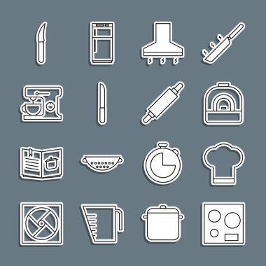 Elektrik hattı sobası, şef şapkası, fırın, mutfak vantilatörü, bıçak, karıştırıcı ve Rolling pin ikonu. Vektör