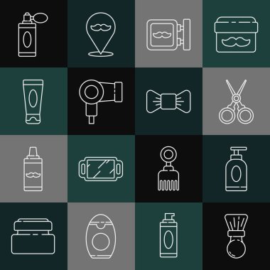 Tıraş fırçası, krem veya losyon kozmetik tüpü, makas kuaförü, berber dükkanı, saç kurutma makinesi, atomlu tıraş losyonu şişesi ve papyon ikonu. Vektör