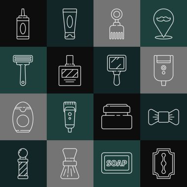 Jilet, fiyonk kravat, erkekler için elektrikli bıçak, saç fırçası, tıraş losyonu, tıraş losyonu, şampuan şişesi ve el aynası ikonu. Vektör