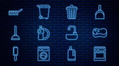 Hat çizgisi bulaşık makinesi, Sünger, Çöp Kutusu, Bulaşık deterjanı, Bulaşık deterjanı, Temizlik için fırça, Su musluğu ve ikonu olan lavabo. Vektör