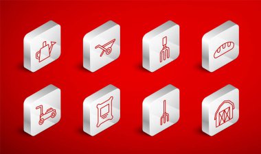 Çiftlik evi, el arabası, bahçe tırmığı, ekmek somunu, dirgen, su kovası, gübre torbası ve çim biçme makinesi ikonu. Vektör