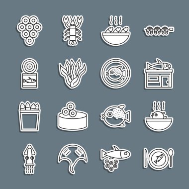 Tabakta servis edilen balık, puf çorbası, deniz ürünleri dükkanı, balık, yosun, konserve, havyar ve ikon. Vektör