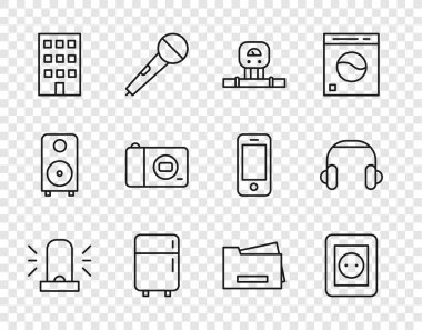 Flasher sirenini, elektrik prizini, akıllı sensörü, buzdolabını, House 'u, fotoğraf makinesini, yazıcıyı ve kulaklığı ayarlayın. Vektör