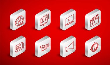 Eski film geri sayım çerçevesi, Action extreme camera, Online play video, Movie clapper, Megaphone, Film reel, Cinema ve 8k Ultra HD ikonu. Vektör