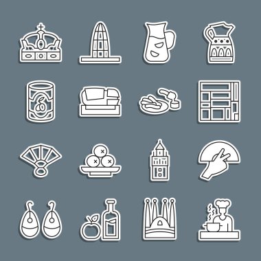 İspanyol aşçı, Fan Flamenco, Edificio Mirador Hanesi, Sangria, Stadyum Mestalla, Konserve Zeytin, İspanyol Tacı, Churros ve çikolata ikonu. Vektör