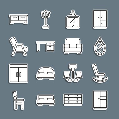 Gardırop, Kol Sandalyesi, Ayna, ofis masası, Çekmeceler ve ikon. Vektör
