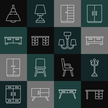 Ofis masası, vestiyer, çekmece sandığı, gardırop, avize ve ikon. Vektör