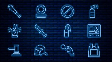 Kurşun geçirmez yelek, televizyon raporu, yasaklama, askeri bıçak, iki parmak gösteren el çivili beyzbol sopası, kokteyl molotof ve yanan lastik ikonu. Vektör