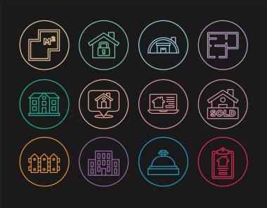 Ev sözleşmesini ayarla, metin satışı, depo, konum, plan, online emlak ve koruma ikonu ile imzala. Vektör