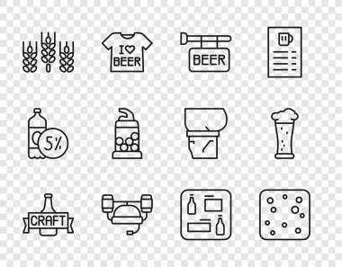 Bira şişesi, baloncuk, sokak tabelası, miğfer, buğday, şişe açacağı, menü ve bir bardak bira ikonu. Vektör
