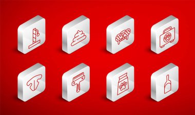 Set line Dustpan, Shit, Cat tooth, Pet first aid kit, Bag of food for pet, scratching post, Hair brush dog and cat and nose icon. Vector