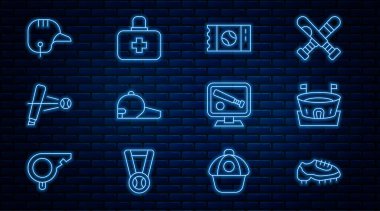 Çizgi çizgisi, beyzbol çizgisi, arena, bilet, şapka, beysbol sopası, kask, monitör beyzbol maçı ve ilk yardım çantası ikonu. Vektör