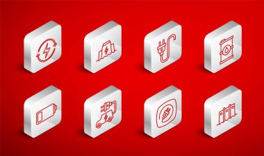 Hidroelektrik barajı, elektrik prizi, biyo yakıt varili, şarj etme, araba ve akü ikonu ayarlayın. Vektör